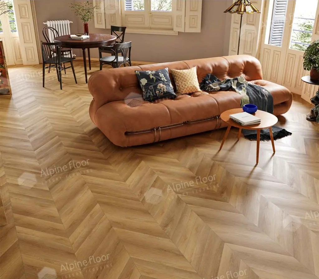 Кварцвиниловый SPC ламинат Alpine Floor Chevron Alpine Баварский лес ECO 18-18 французская елка 600×127×5 фото в интерьере